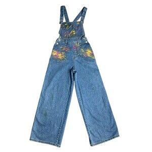 Vintage Nada Nuff Blue Denim Overalls Jeans Wide-leg Painted Print Size Medium